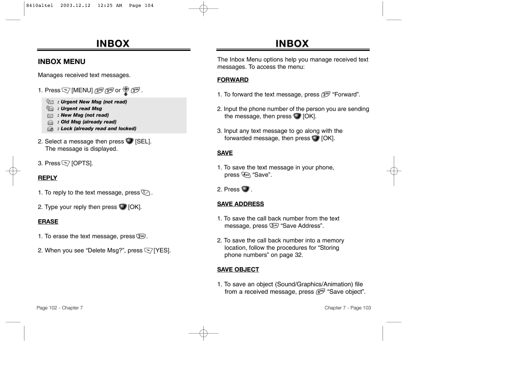 Audiovox CDM 8410 owner manual Inbox Menu 