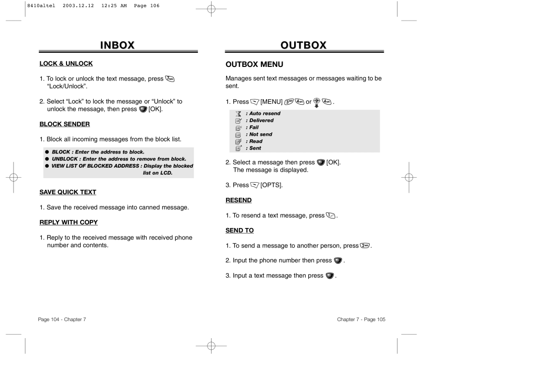 Audiovox CDM 8410 owner manual Outbox Menu 