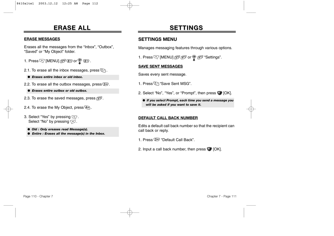 Audiovox CDM 8410 owner manual Erase ALL, Settings Menu, Erase Messages, Save Sent Messages, Default Call Back Number 