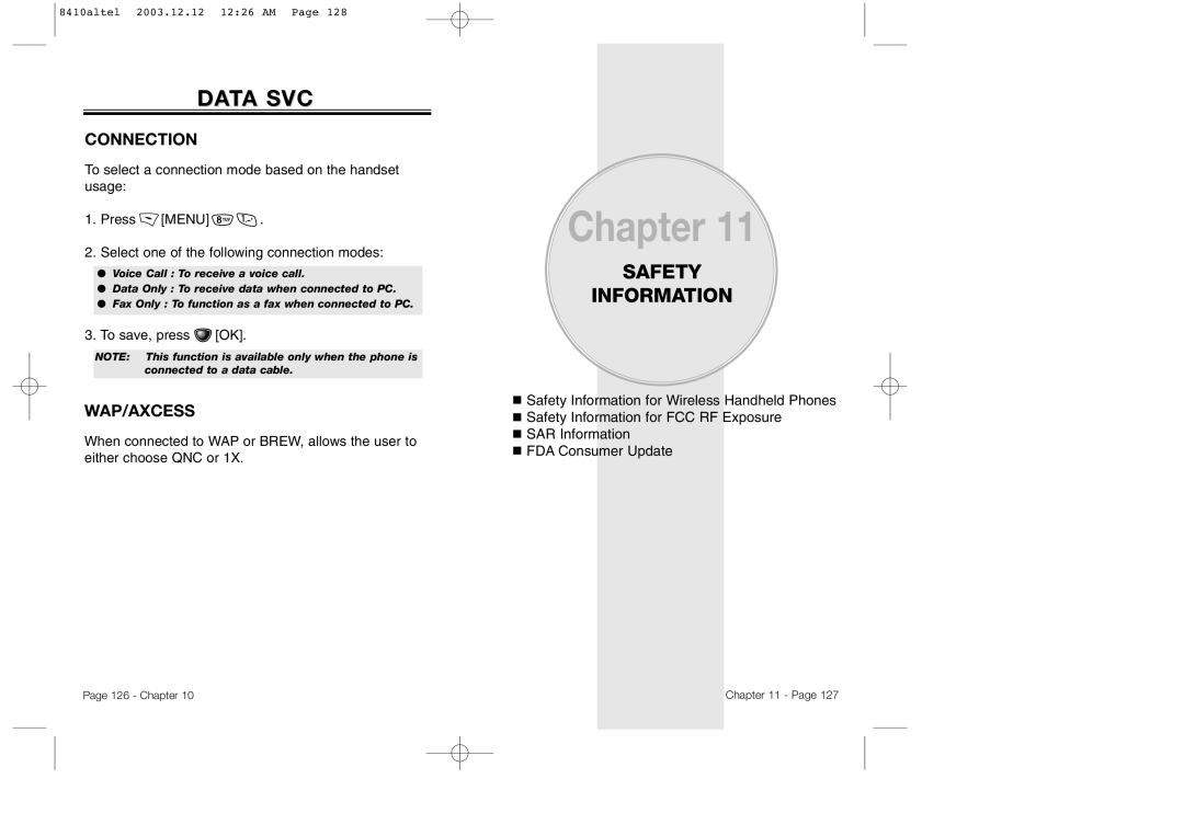 Audiovox CDM 8410 owner manual Data SVC, Safety Information, Connection, Wap/Axcess 