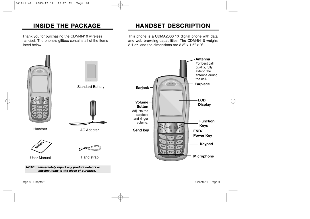 Audiovox CDM 8410 owner manual Inside the Package, Handset Description, Handset AC Adapter Hand strap, End 