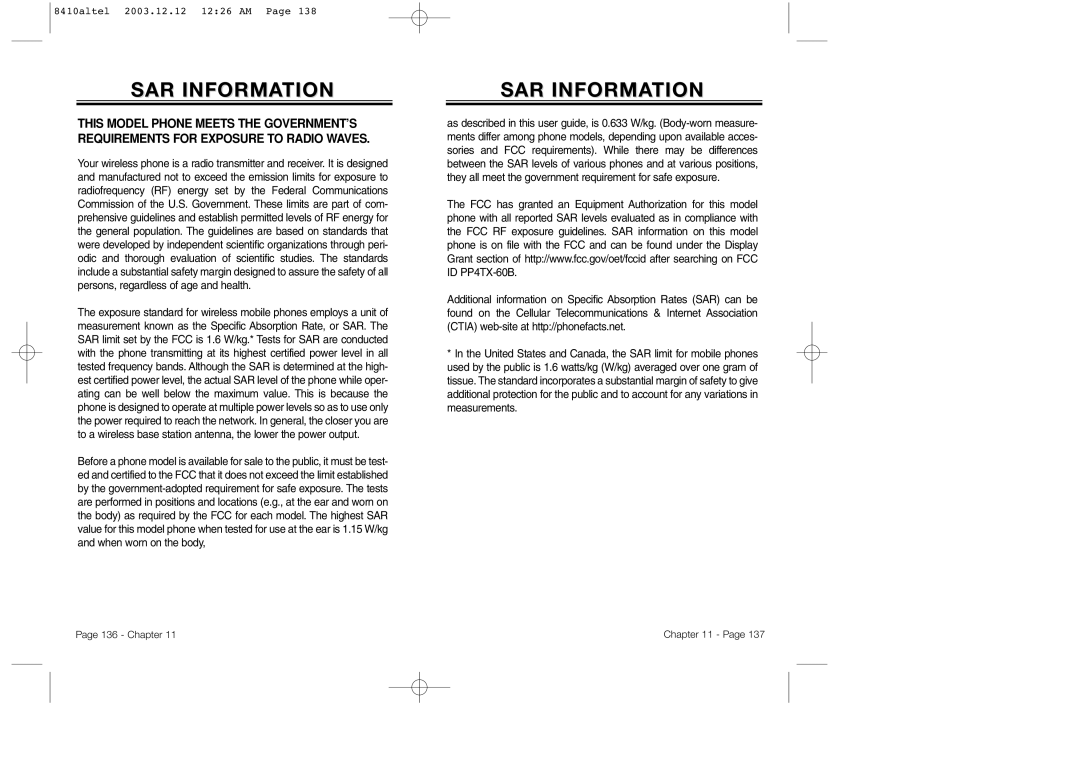 Audiovox CDM 8410 owner manual SAR Information 