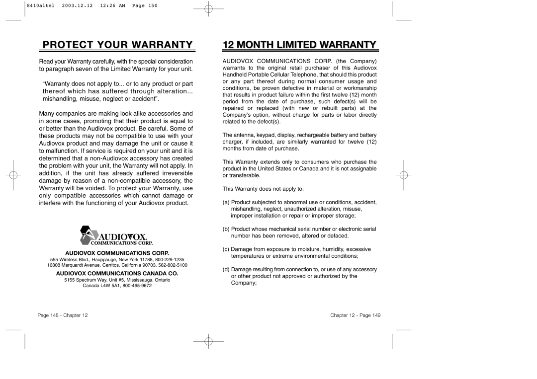 Audiovox CDM 8410 owner manual Protect Your Warranty, Month Limited Warranty 