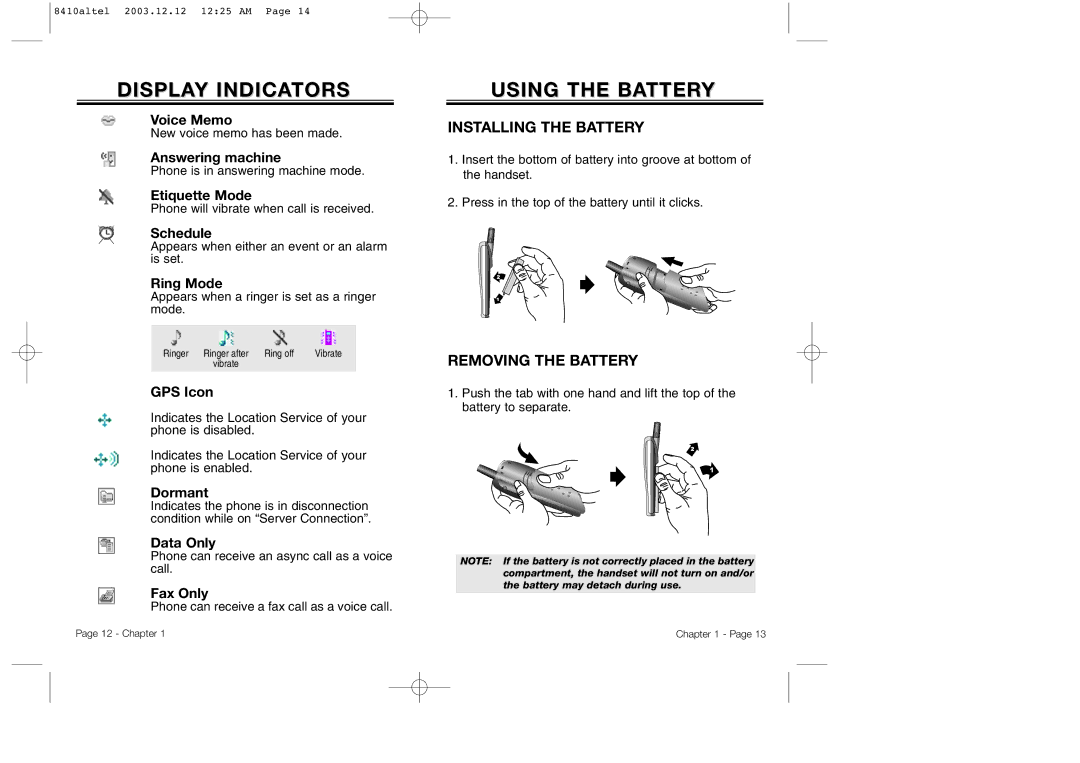 Audiovox CDM 8410 owner manual Using the Battery, Installing the Battery, Removing the Battery 