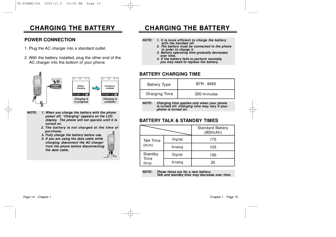 Audiovox CDM 8450 owner manual Charging the Battery, Power Connection, Battery Charging Time, Battery Talk & Standby Times 