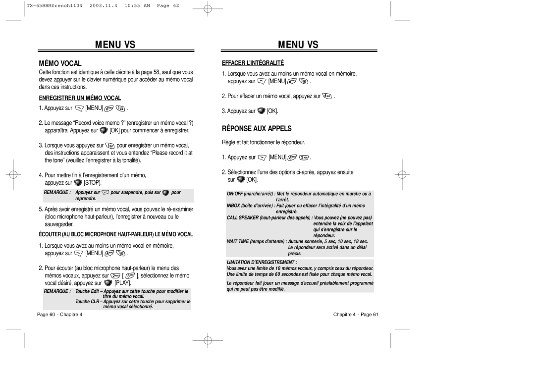 Audiovox CDM 8450 owner manual Menu VS, Réponse AUX Appels, Enregistrer UN Mémo Vocal, Effacer L’INTÉGRALITÉ 