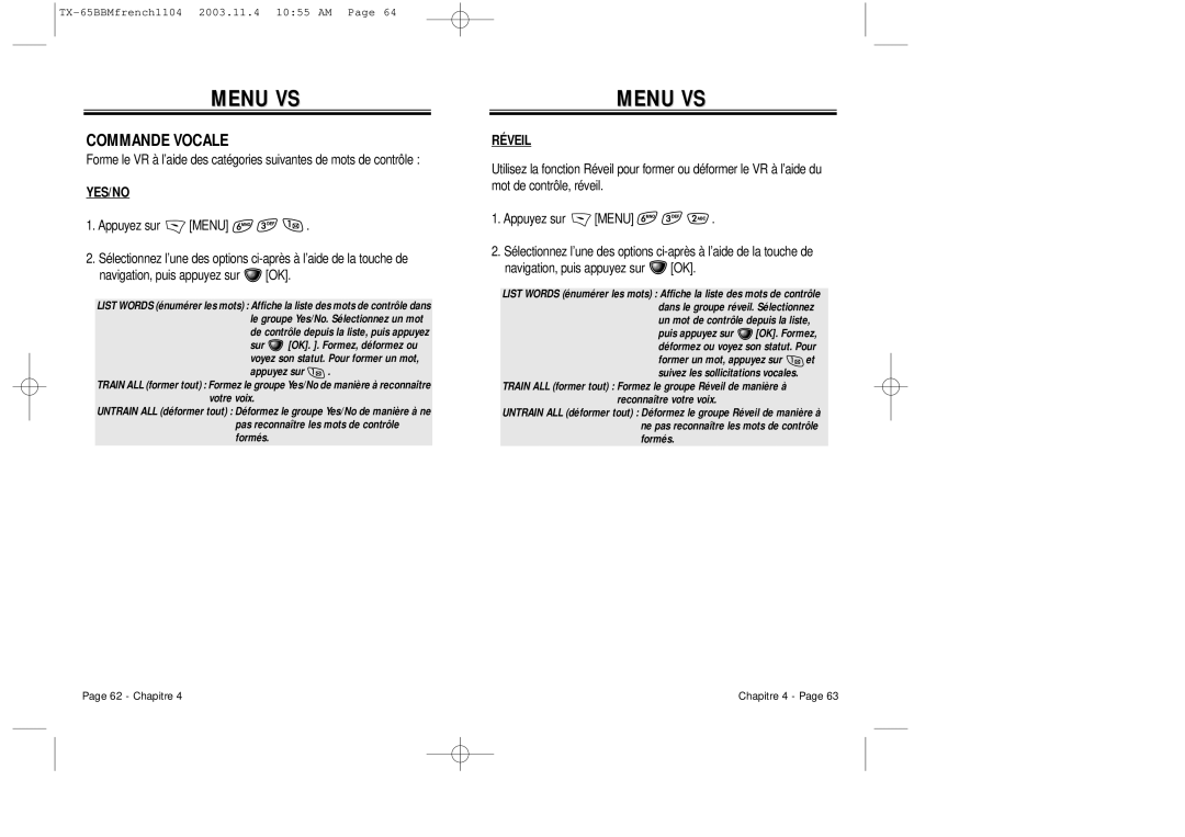 Audiovox CDM 8450 owner manual Commande Vocale, Yes/No, Réveil 