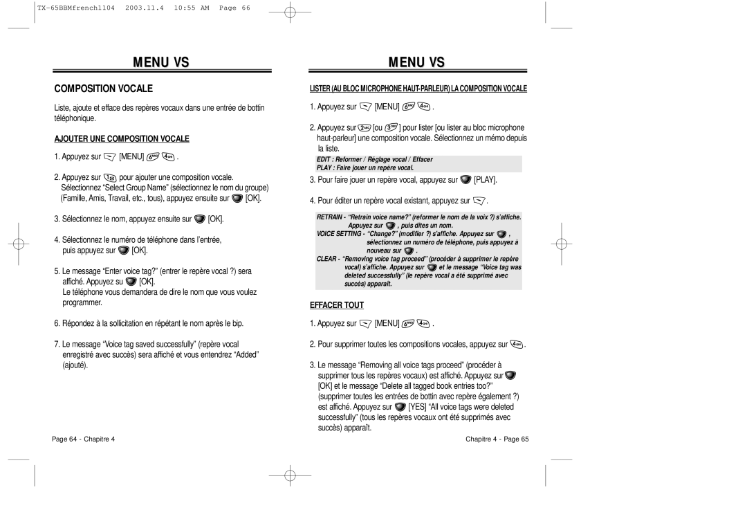 Audiovox CDM 8450 owner manual Ajouter UNE Composition Vocale, Effacer Tout 