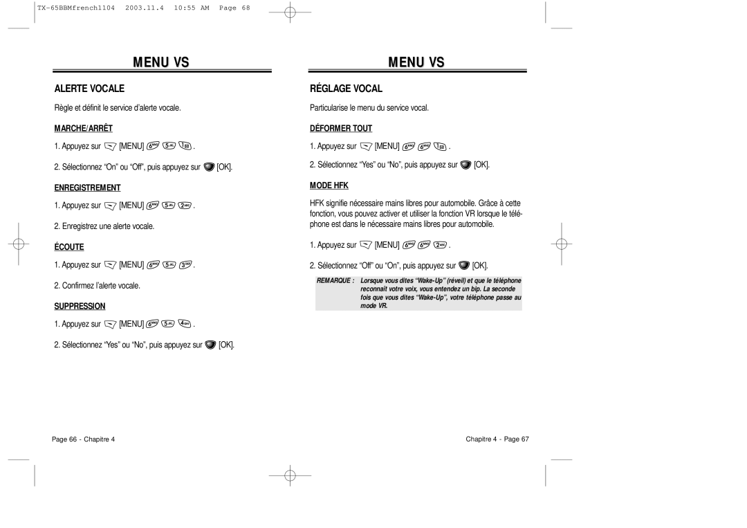 Audiovox CDM 8450 owner manual Alerte Vocale, Réglage Vocal 