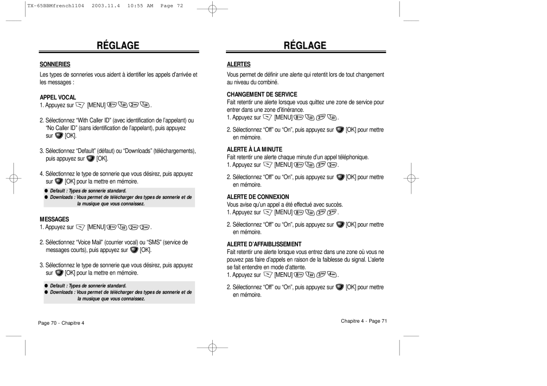 Audiovox CDM 8450 owner manual Sonneries, Alertes, Changement DE Service, Alerte À LA Minute, Alerte DE Connexion 