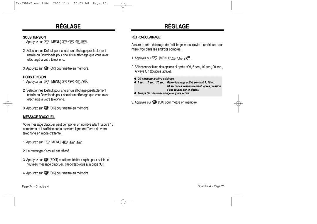 Audiovox CDM 8450 owner manual Sous Tension, Hors Tension, Message D’ACCUEIL, Rétro-Éclairage 