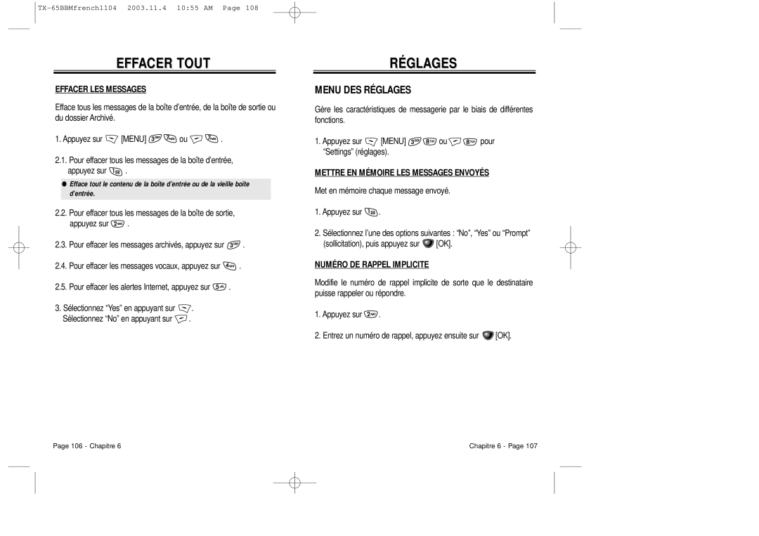 Audiovox CDM 8450 owner manual Effacer Tout, Menu DES Réglages 