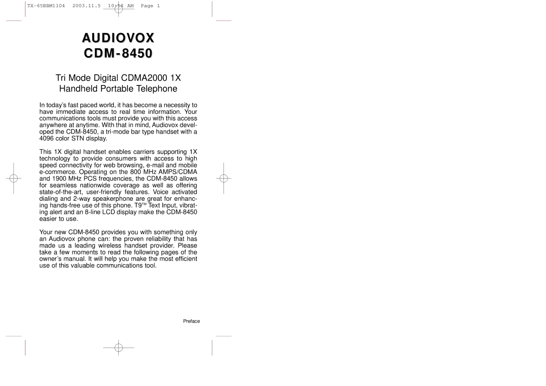 Audiovox CDM 8450 owner manual Audiovox 