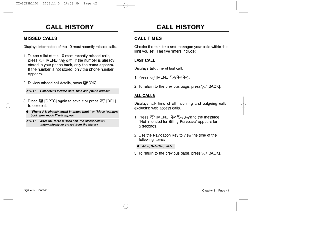 Audiovox CDM 8450 owner manual Missed Calls, Call Times, Last Call, ALL Calls 