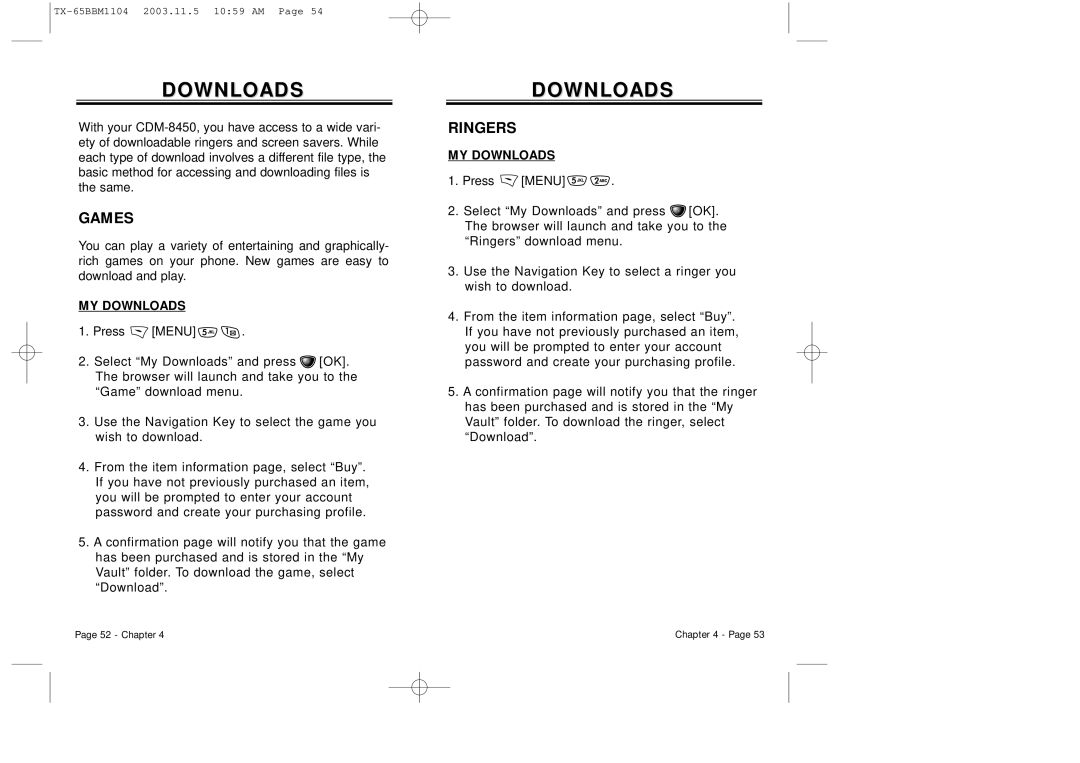 Audiovox CDM 8450 owner manual Games, Ringers, MY Downloads 