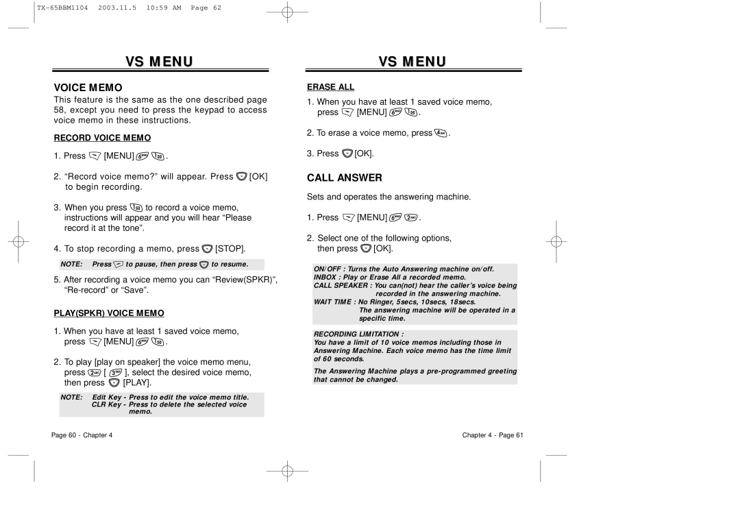 Audiovox CDM 8450 owner manual VS Menu, Call Answer, Record Voice Memo, Playspkr Voice Memo, Erase ALL 