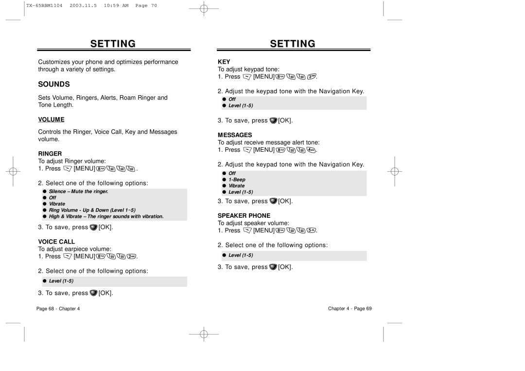 Audiovox CDM 8450 owner manual Setting, Sounds 