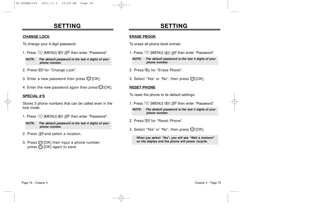 Audiovox CDM 8450 owner manual Change Lock, Special #’S, Erase Pbook, Reset Phone 