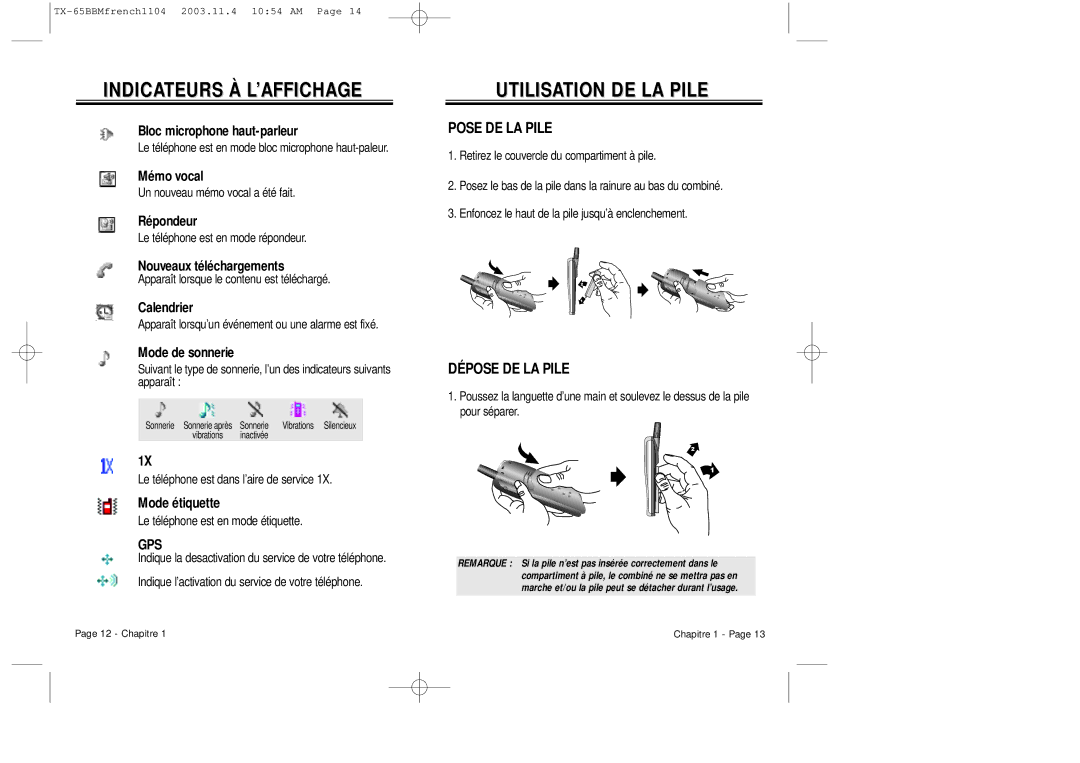 Audiovox CDM 8450 owner manual Utilisation DE LA Pile, Pose DE LA Pile, Dépose DE LA Pile 