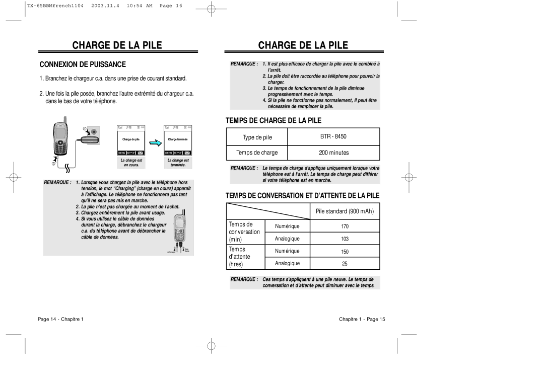 Audiovox CDM 8450 Connexion DE Puissance, Temps DE Charge DE LA Pile, Temps DE Conversation ET D’ATTENTE DE LA Pile 