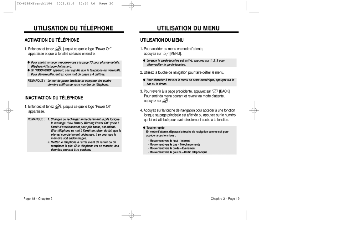 Audiovox CDM 8450 Utilisation DU Téléphone, Utilisation DU Menu, Activation DU Téléphone, Inactivation DU Téléphone 