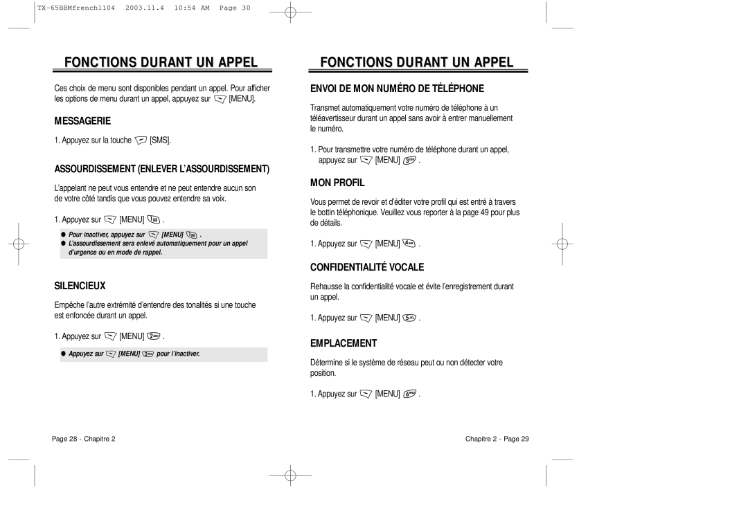 Audiovox CDM 8450 owner manual Fonctions Durant UN Appel 