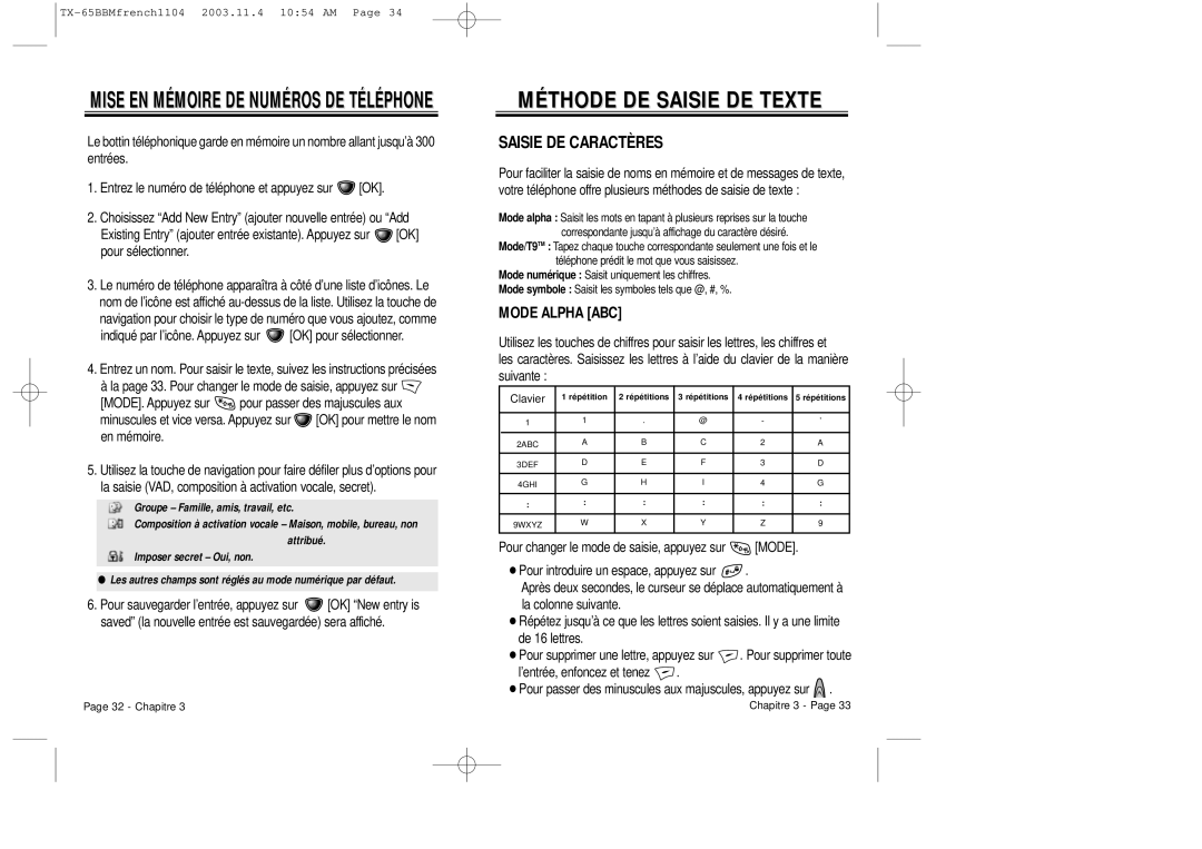 Audiovox CDM 8450 owner manual Méthode DE Saisie DE Texte, Mise EN Mémoire DE Numéros DE Téléphone, Saisie DE Caractères 