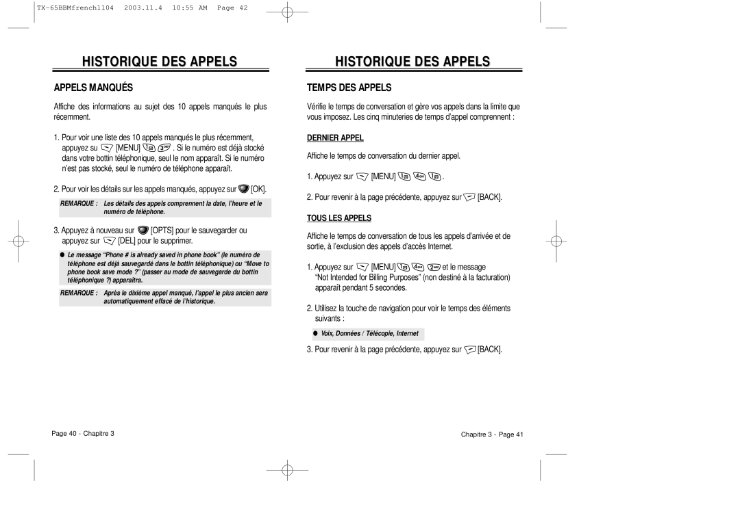 Audiovox CDM 8450 owner manual Appels Manqués, Temps DES Appels, Dernier Appel, Tous LES Appels 