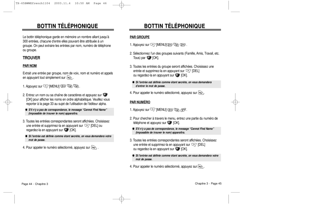 Audiovox CDM-8455 manual Bottin Téléphonique, Trouver, Par Nom, PAR Groupe, PAR Numéro 