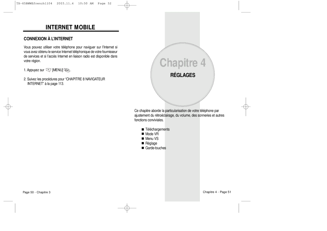 Audiovox CDM-8455 manual Internet Mobile, Réglages, Connexion À L’INTERNET 