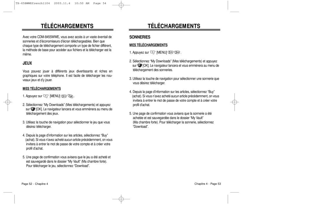 Audiovox CDM-8455 manual Jeux, Sonneries, MES Téléchargements 