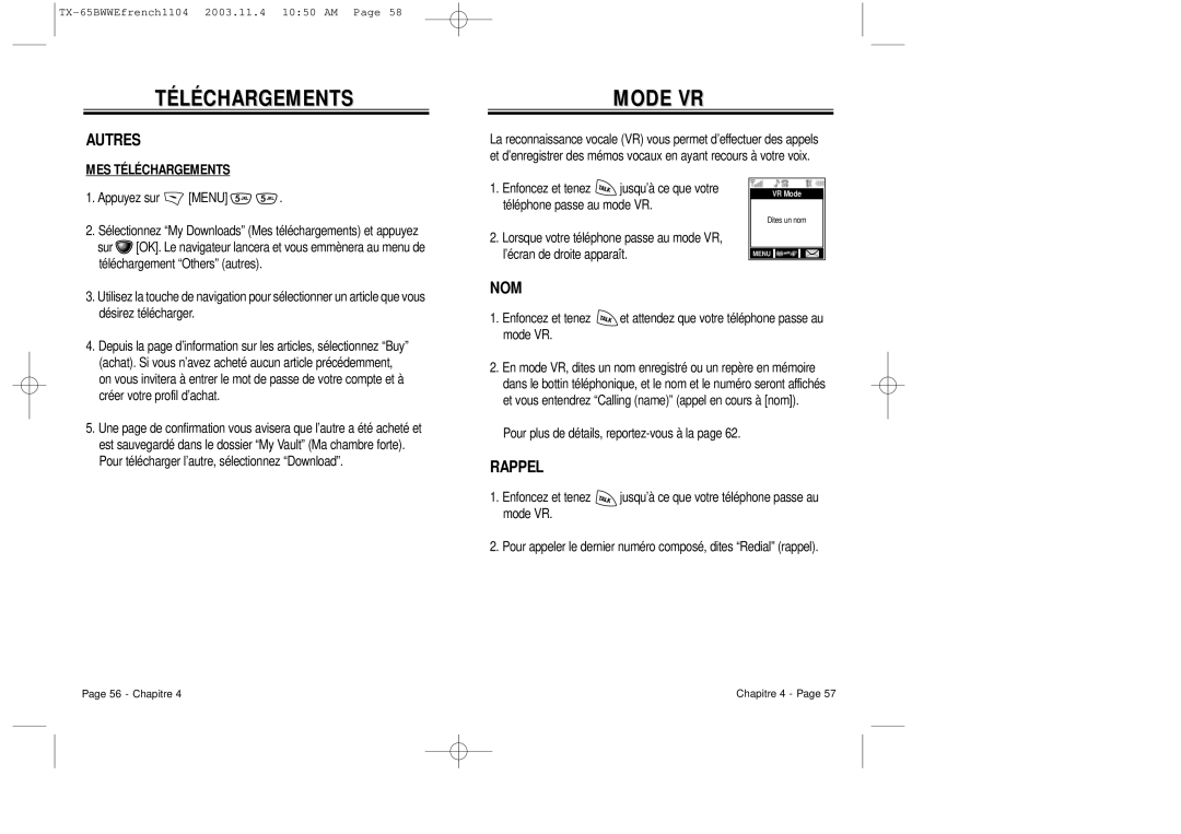 Audiovox CDM-8455 manual Mode VR, Autres, Nom, Rappel 