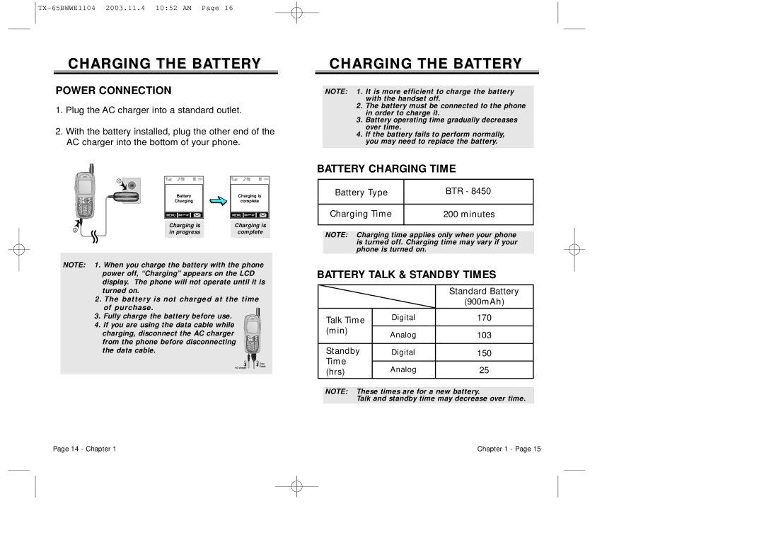 Audiovox CDM-8455 manual Charging the Battery, Power Connection, Battery Charging Time, Battery Talk & Standby Times 