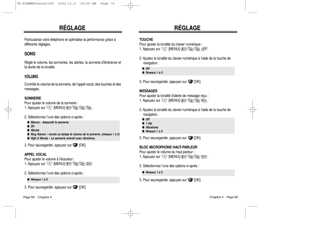 Audiovox CDM-8455 manual Réglage, Sons 