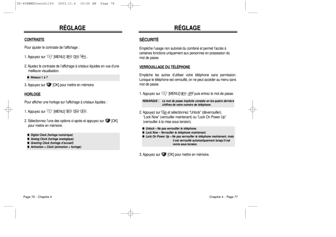 Audiovox CDM-8455 manual Sécurité, Contraste, Horloge, Verrouillage DU Téléphone 