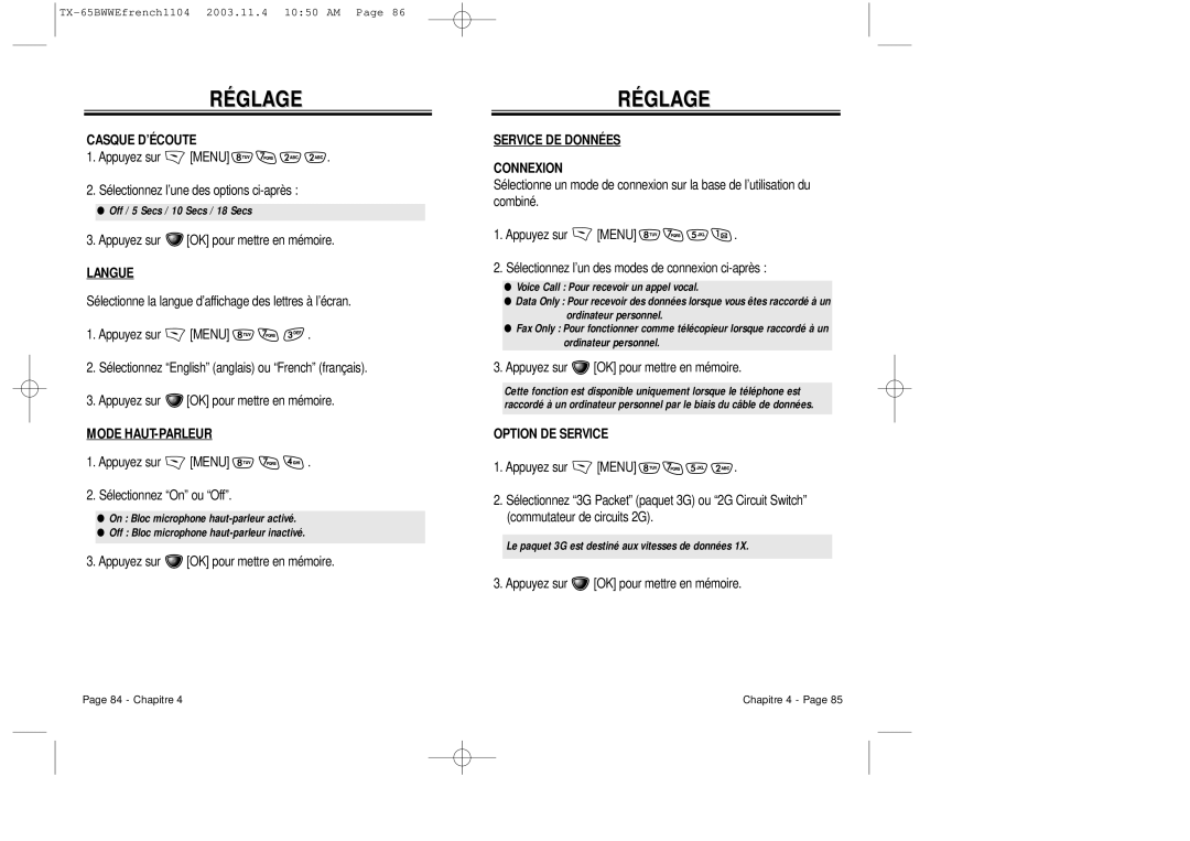 Audiovox CDM-8455 manual Casque D’ÉCOUTE, Langue, Mode HAUT-PARLEUR, Service DE Données Connexion, Option DE Service 