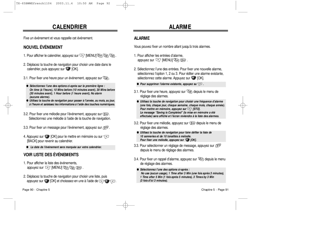 Audiovox CDM-8455 manual Calendrier, Alarme, Nouvel Événement, Voir Liste DES Événements 