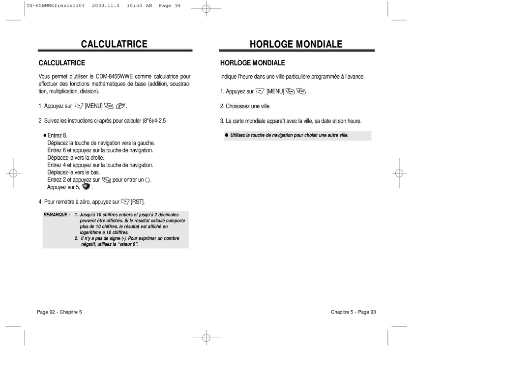 Audiovox CDM-8455 manual Calculatrice, Horloge Mondiale 