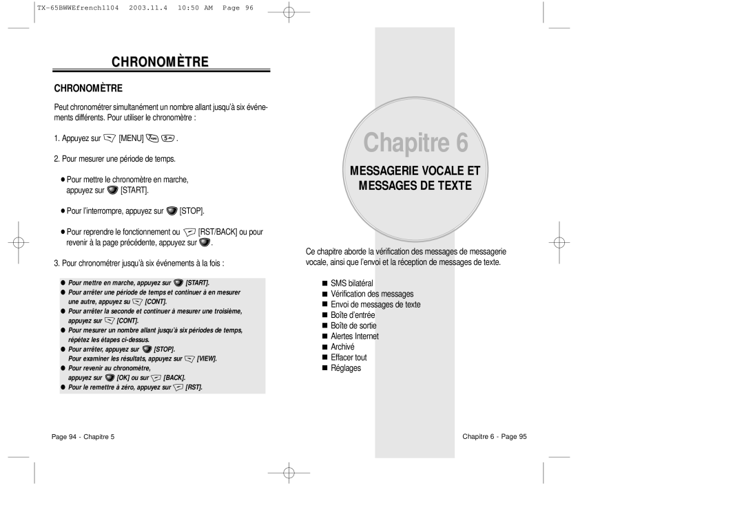 Audiovox CDM-8455 manual Chronomètre, Messagerie Vocale ET Messages DE Texte 