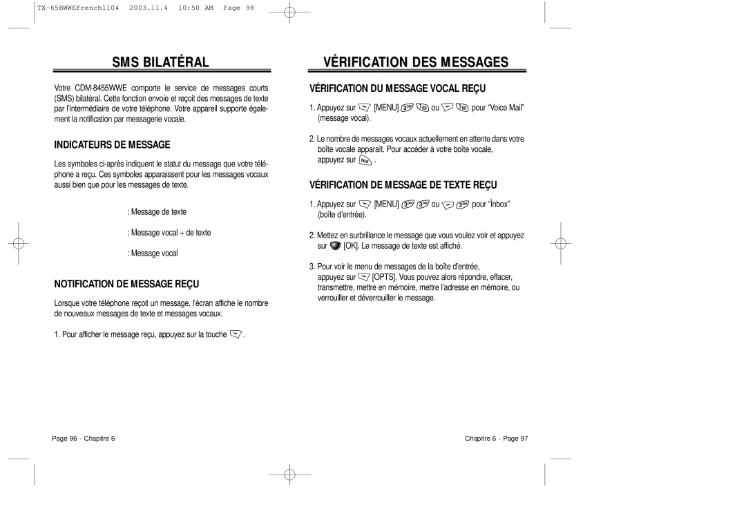 Audiovox CDM-8455 manual SMS Bilatéral, Vérification DES Messages 