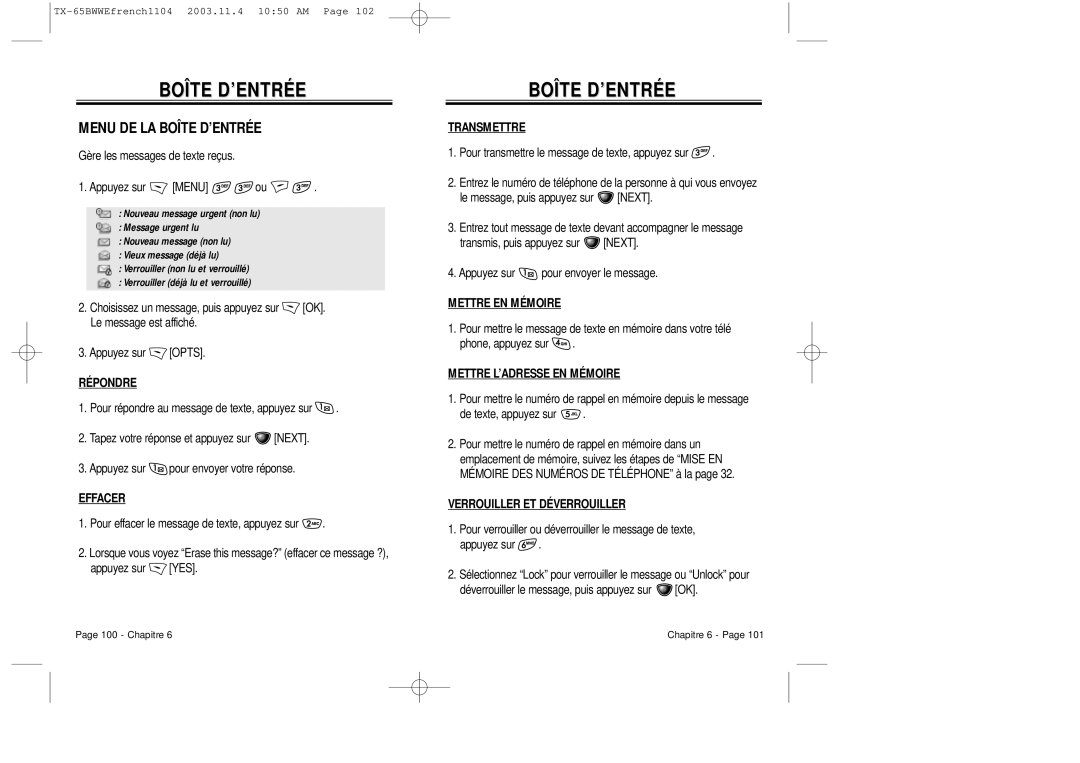 Audiovox CDM-8455 manual Menu DE LA Boîte D’ENTRÉE 