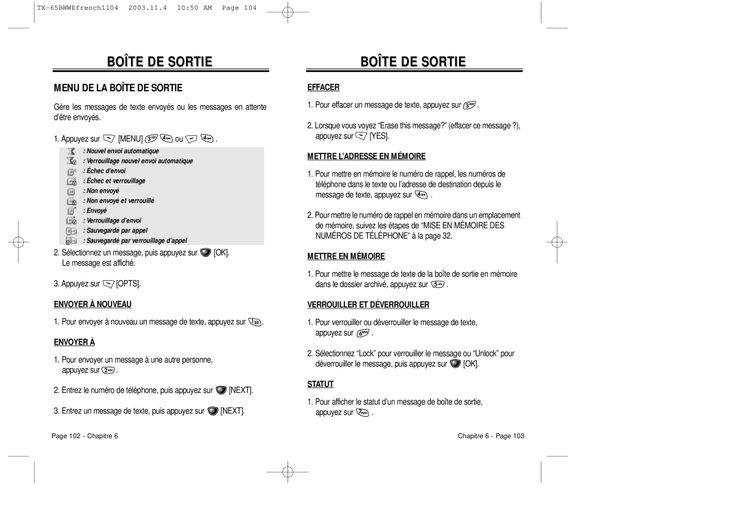 Audiovox CDM-8455 manual Menu DE LA Boîte DE Sortie, Envoyer À Nouveau, Statut 