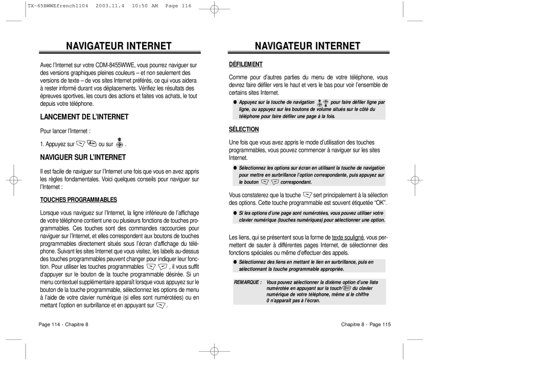 Audiovox CDM-8455 manual Navigateur Internet, Lancement DE L’INTERNET, Naviguer SUR L’INTERNET 