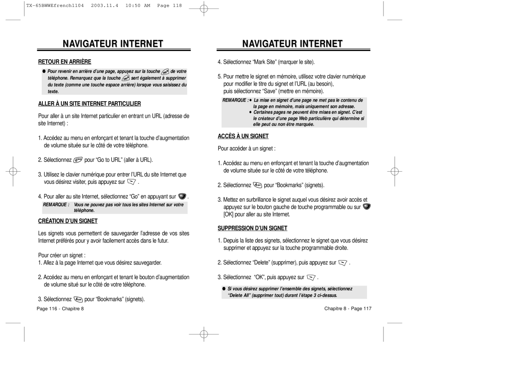 Audiovox CDM-8455 manual Retour EN Arrière, Aller À UN Site Internet Particulier, Création D’UN Signet, Accès À UN Signet 