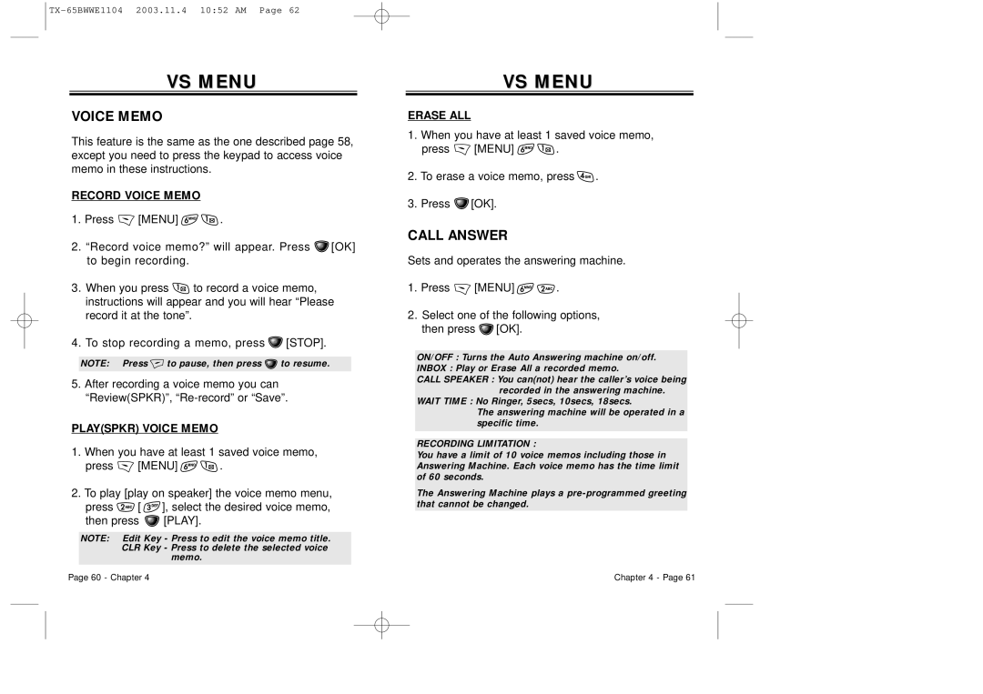 Audiovox CDM-8455 manual VS Menu, Call Answer, Record Voice Memo, Playspkr Voice Memo, Erase ALL 