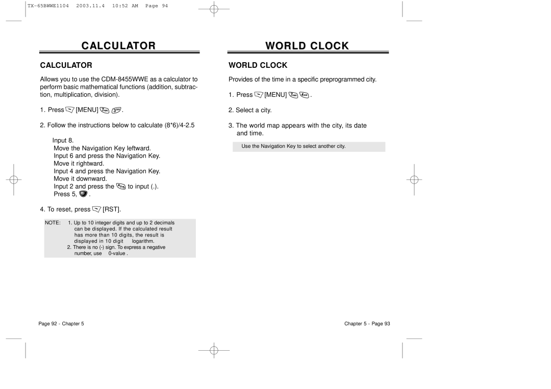 Audiovox CDM-8455 manual Calculator, World Clock 