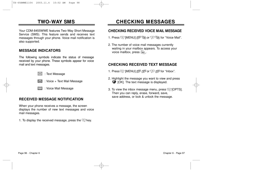 Audiovox CDM-8455 manual Two-Way Sms, Checking Messages, Message Indicators, Received Message Notification 