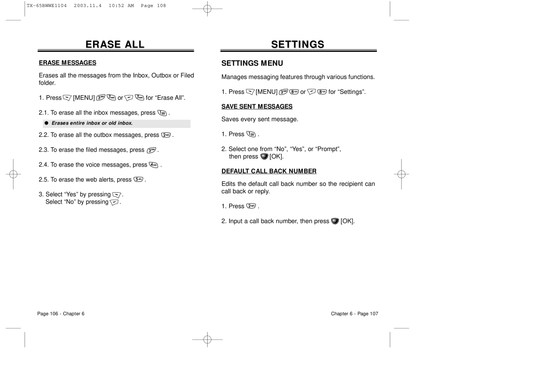 Audiovox CDM-8455 manual Erase ALL, Settings Menu 