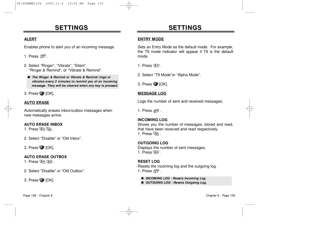 Audiovox CDM-8455 Alert, Auto Erase Inbox, Auto Erase Outbox, Entry Mode, Message LOG, Incoming LOG, Outgoing LOG 