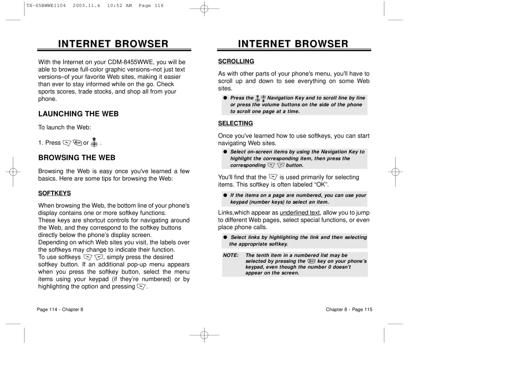 Audiovox CDM-8455 manual Internet Browser, Launching the WEB, Browsing the WEB 